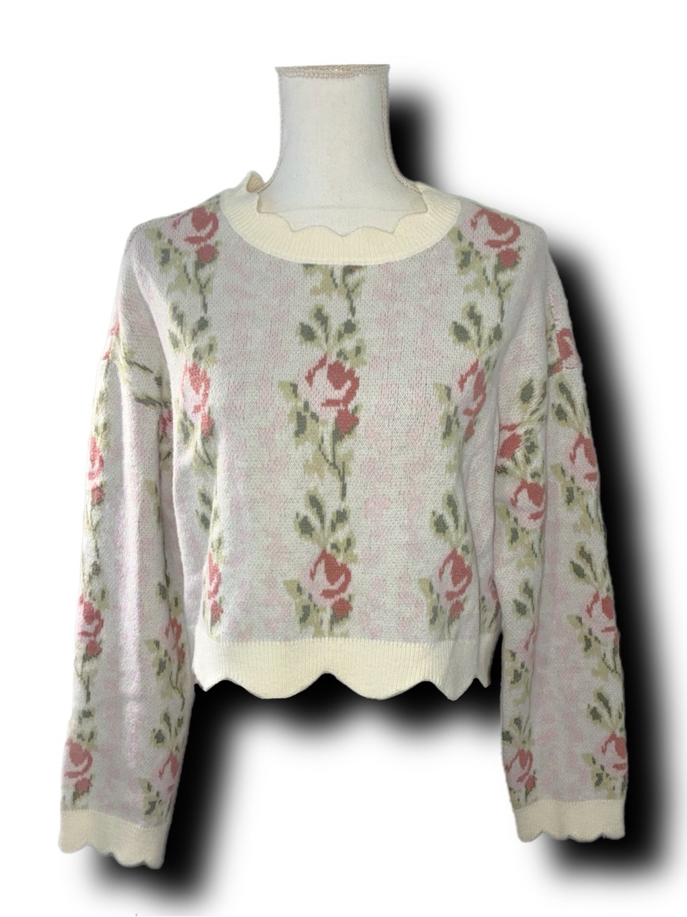 NWOT Mable Petal Promises Pink Floral Knit Scallop Edge Cottagecore Sweater - Picture 6 of 9